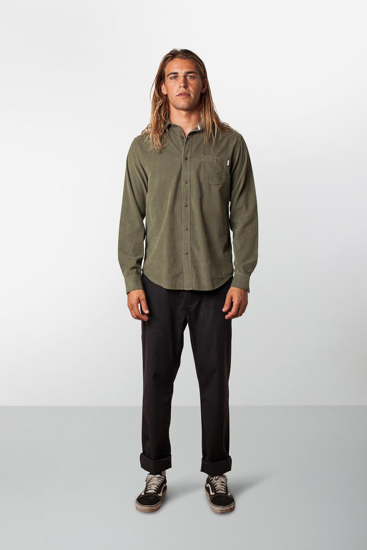 RHYTHM CORDUROY LS SHIRT OLIVE MODEL FRONT