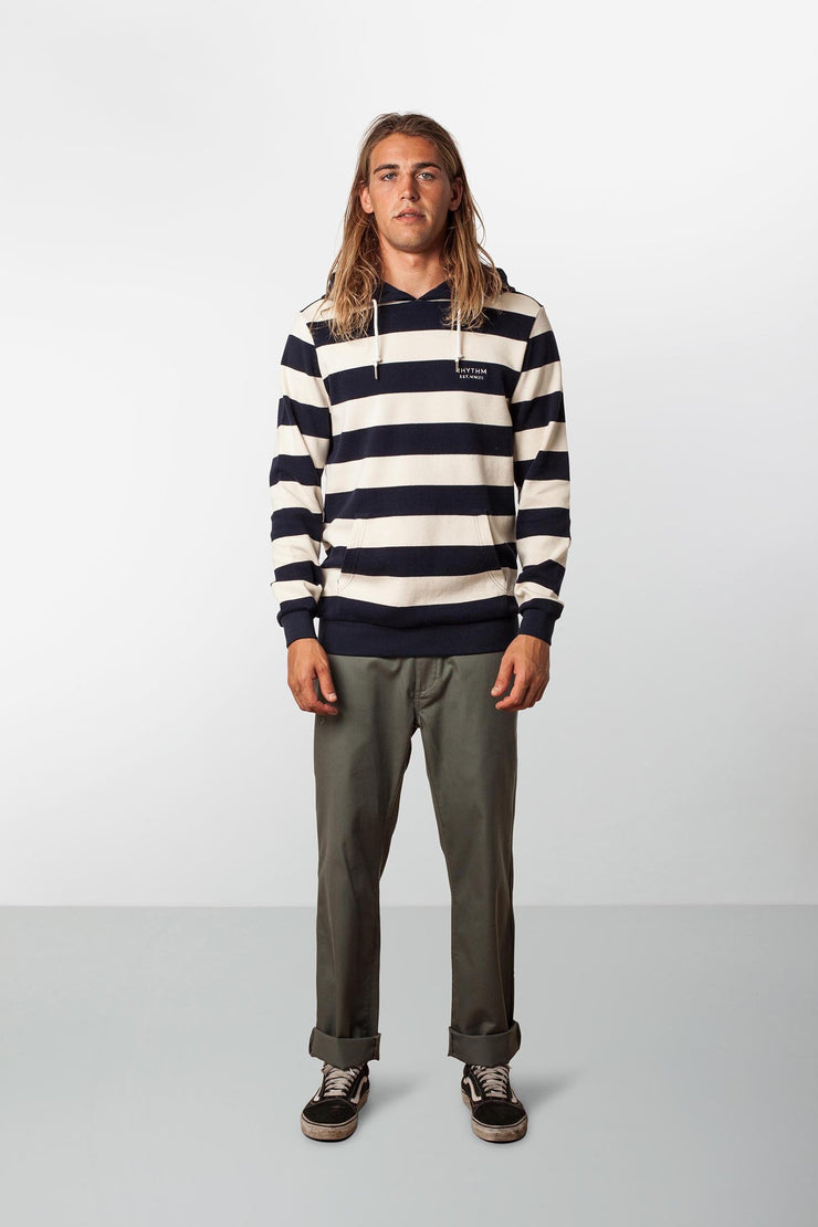 RHYTHM RUGBY STRIPE HOOD NAVY MODEL FRONT